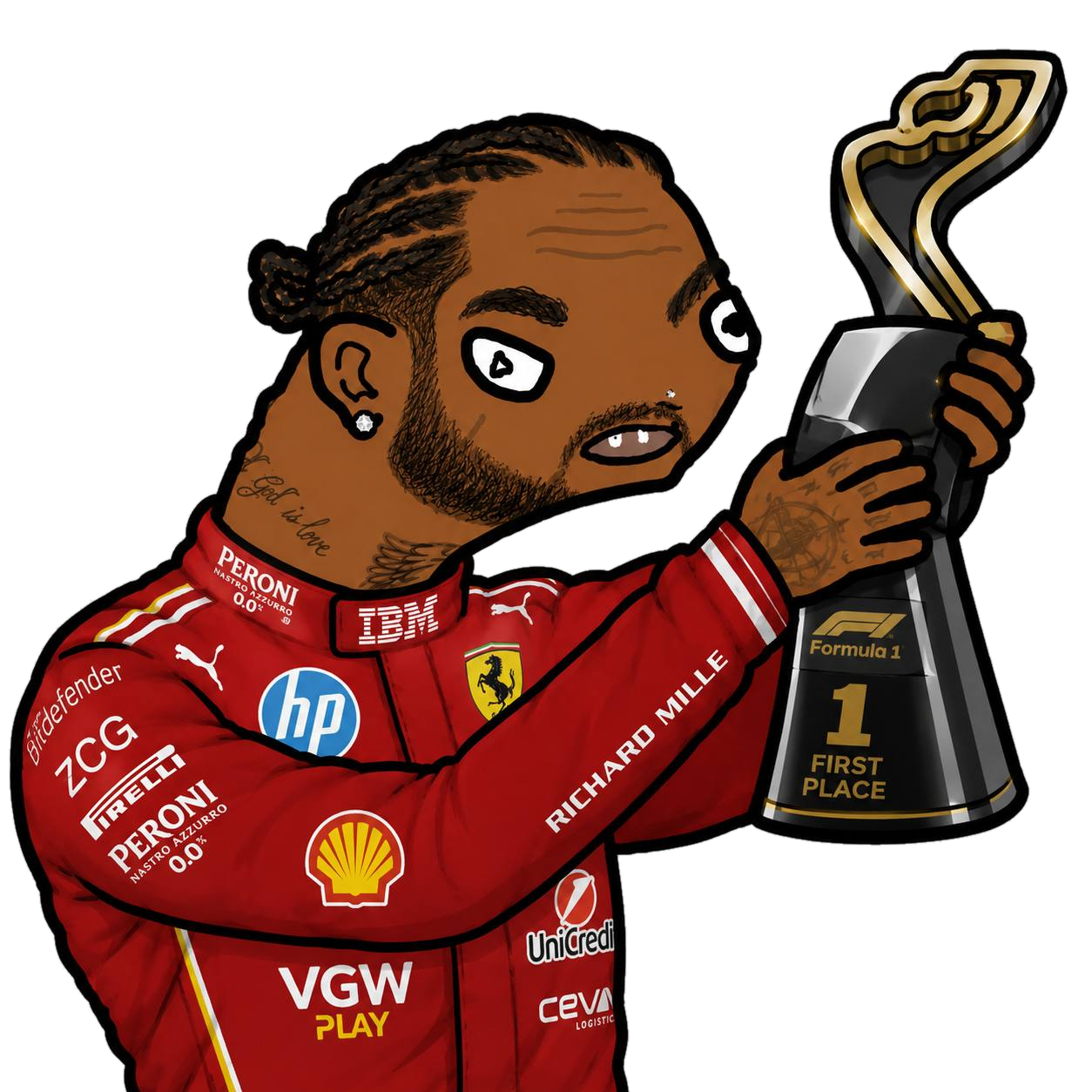 Lewis Hamilton hoisting a P1 trophy